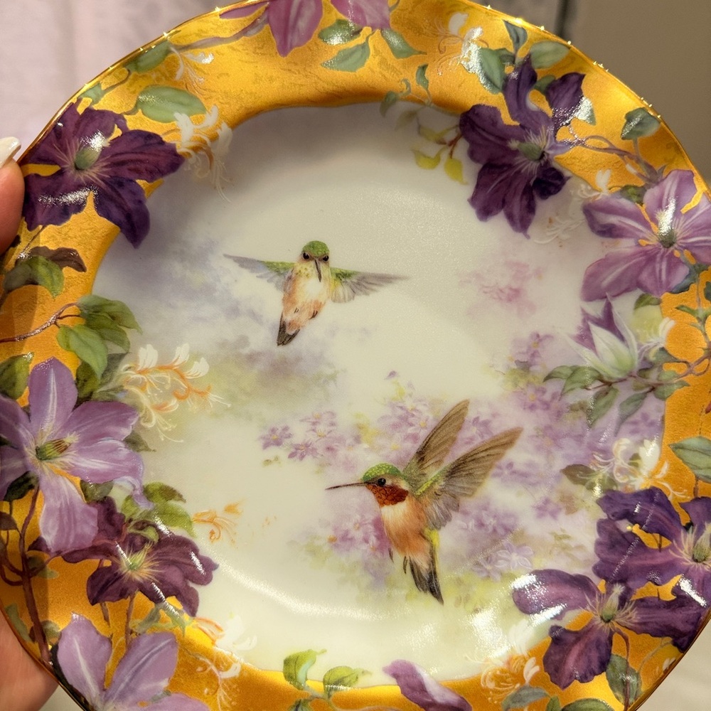 Vintage Lena Liu Hummingbird Plate :Bradford Exchange Porcelain ,Gold gilded